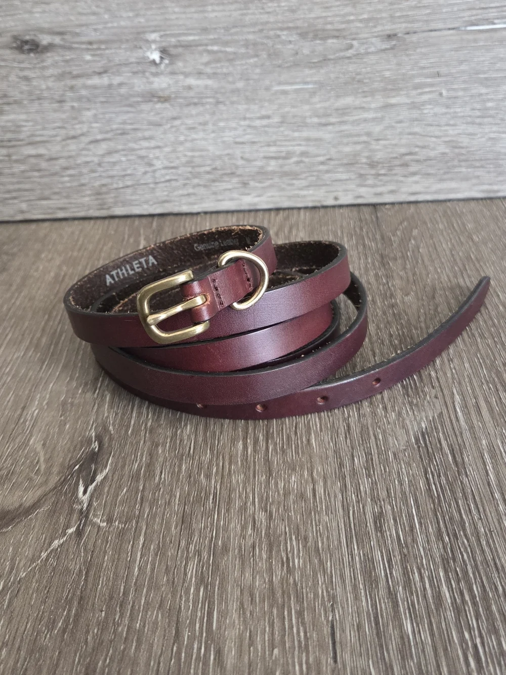 Athleta Skinny Wrap Leather Belt - Burgundy with Brass Buckle